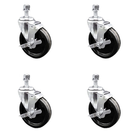Service Caster 5 Inch SS Phenolic Wheel Swivel 10mm Threaded Stem Caster Set Brake SCC SCC-SSTS20S514-PHS-TLB-M1015-4